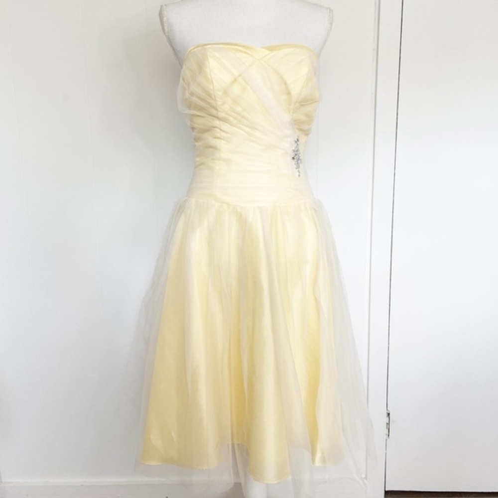 Sophia Tolli yellow tea length tulle dress sweetheart neckline rhinestone detail